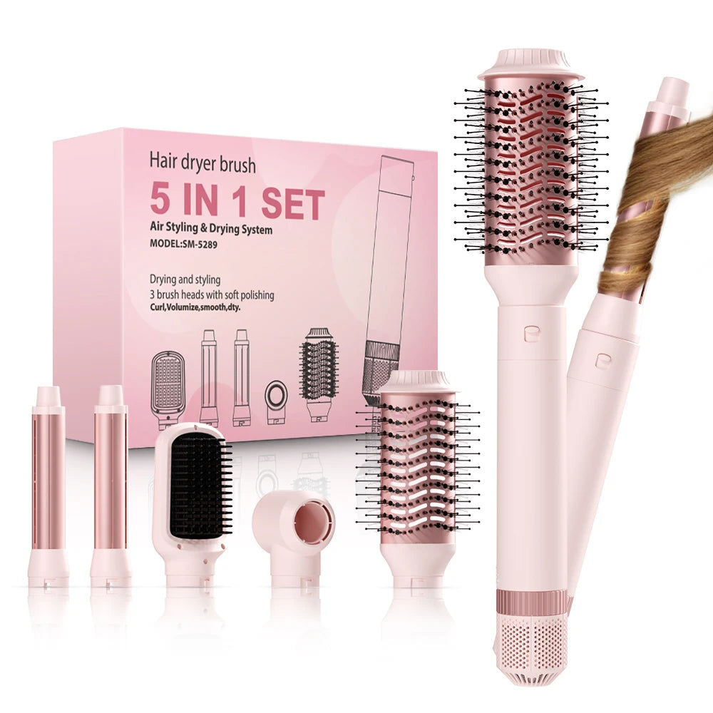 LuxeAir 5-in-1 Pink Styler – Secado, volumen y ondas en un solo paso