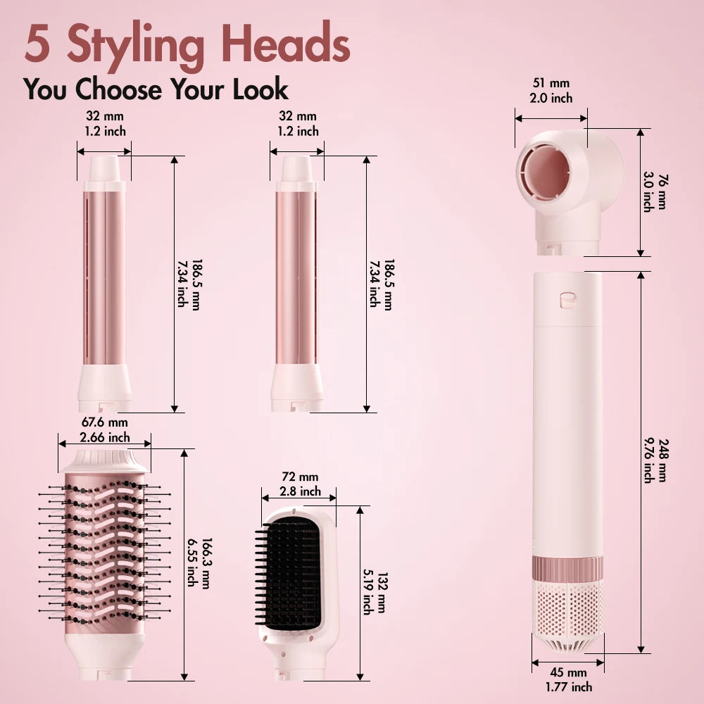 LuxeAir 5-in-1 Pink Styler – Secado, volumen y ondas en un solo paso
